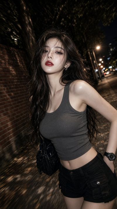 Night wind tangles her hair as she stares through the flash
