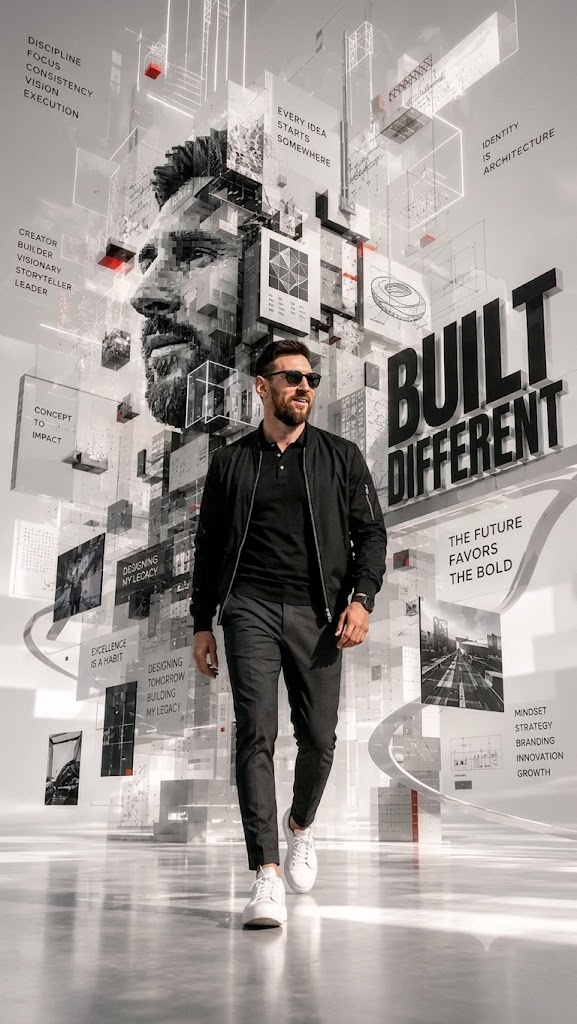 Messi walks through a futuristic glass corridor of digital architecture