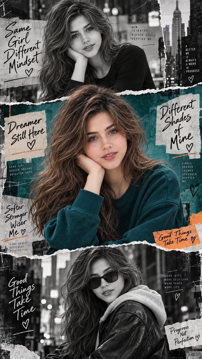Three-panel collage shows woman in black, teal, and leather moods