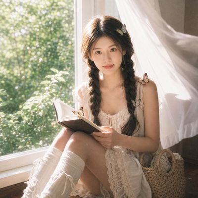 A girl reads by a sunlit window while butterflies rest gently