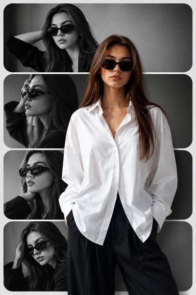 A stylish woman in sunglasses poses across stacked monochrome panels