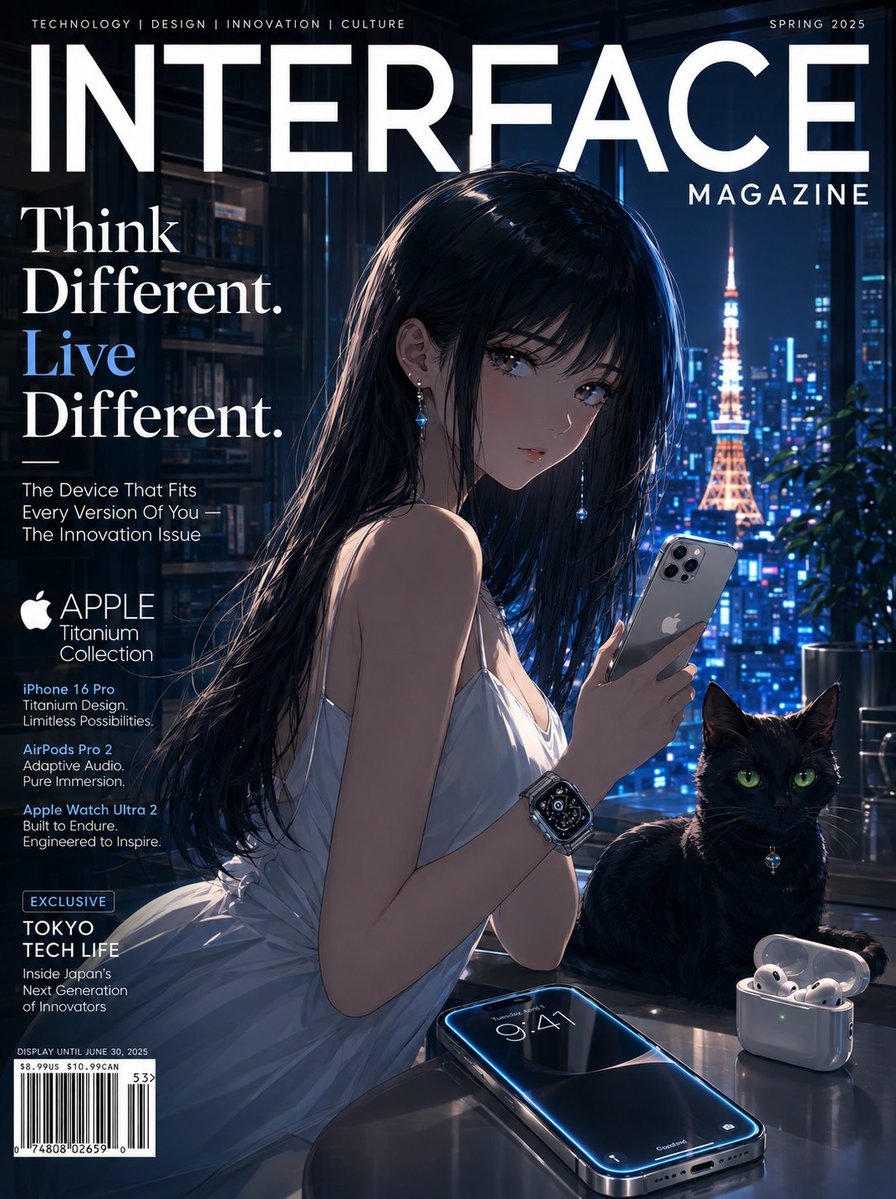 Anime girl holds glowing iPhone beside sleek black cat in Tokyo