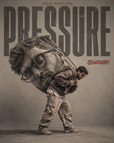 Young man carries cracked stone face under studio lights