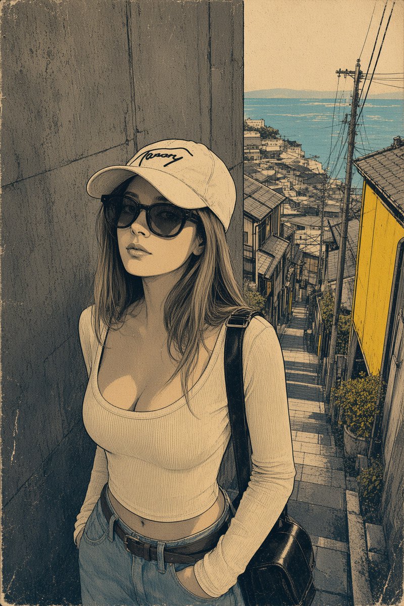 Anime heroine leans against a concrete wall in a vintage Japanese alley