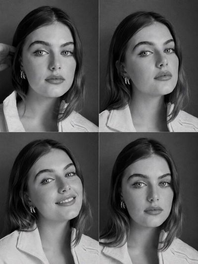A model's four expressions captured in a monochrome contact sheet.