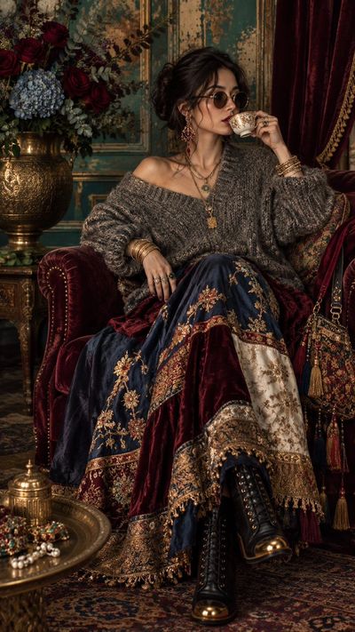 Woman in velvet armchair sips tea amid opulent bohemian glamour