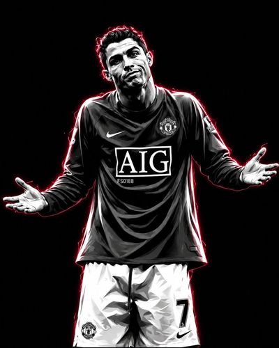 Neon rim light traces a soccer star's monochrome portrait