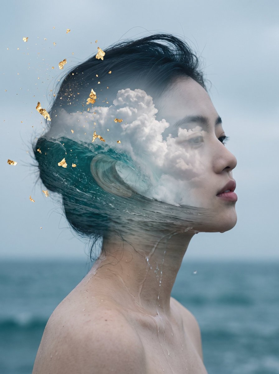 A Double Exposure Portrait Where Ocean Waves and Clouds Form Her Face