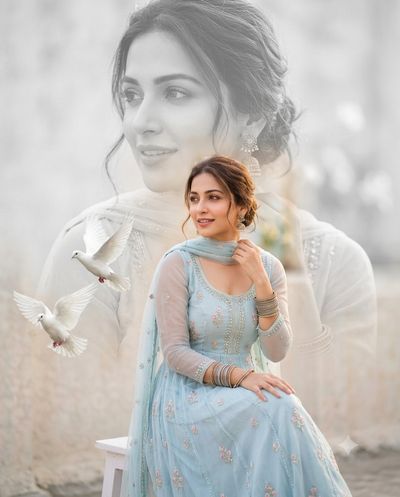 Elegant South Asian Woman in Pastel Blue Anarkali Double Portrait