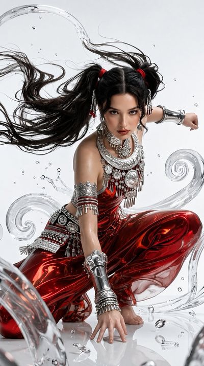 Fierce warrior girl crouches in dynamic pose with flowing ponytails