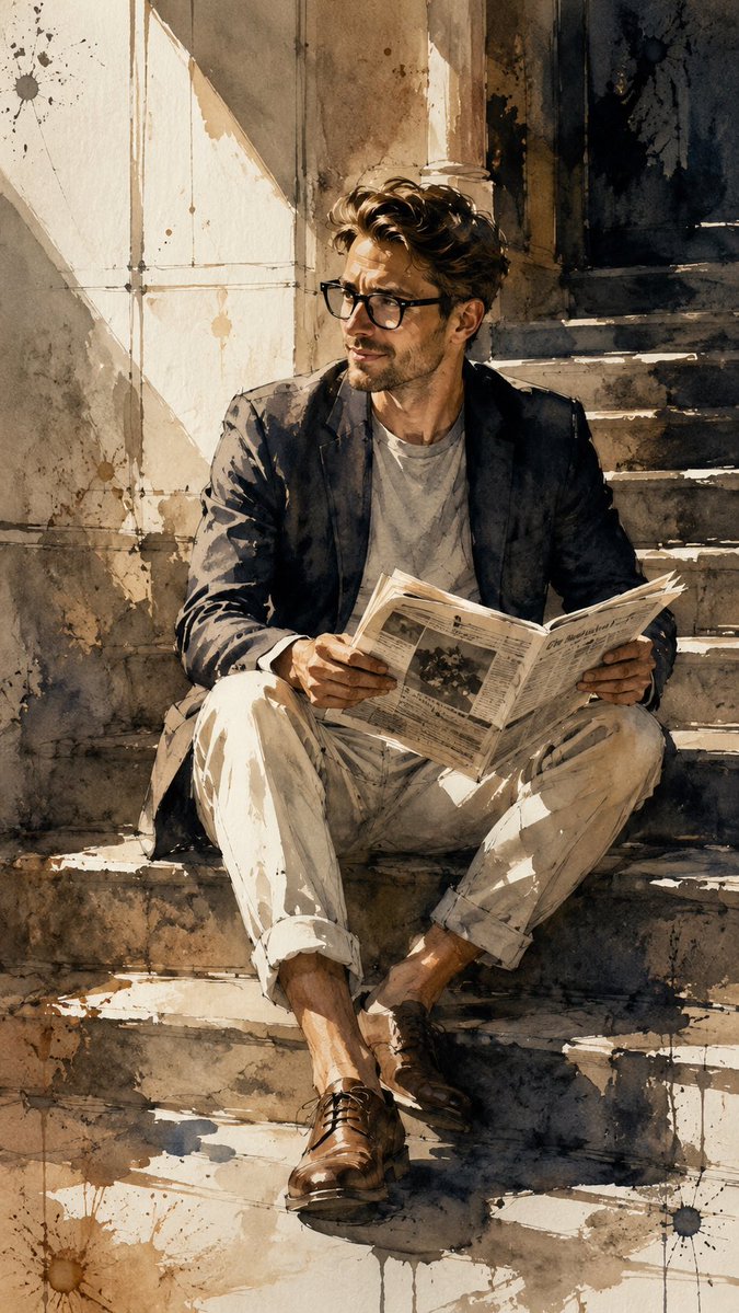 Solitary man reads newspaper on sunlit stone steps