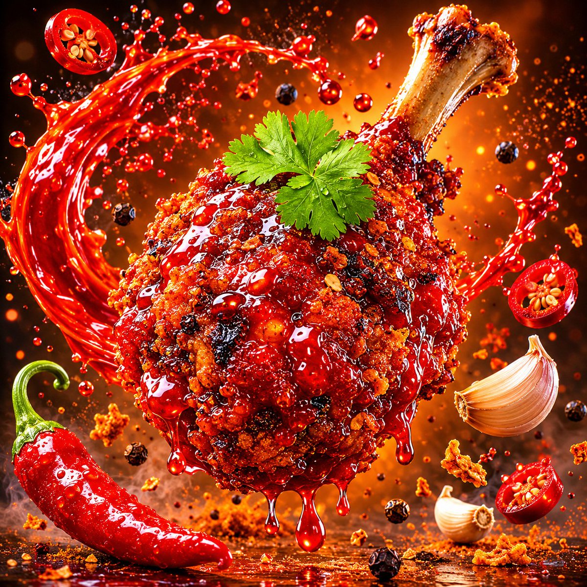 Volcanic chicken lollipop floats amid fiery chili splash in luxury ad