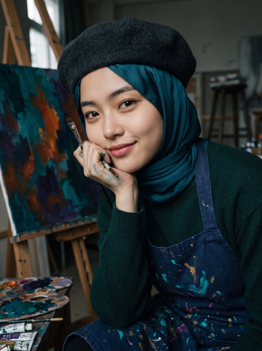 Young artist sits in studio, smiling gently at camera with paintbrush