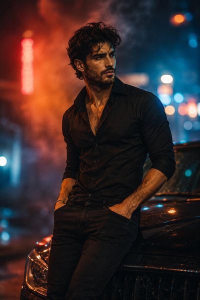 A rugged man stands beneath neon lights in a rainy alley