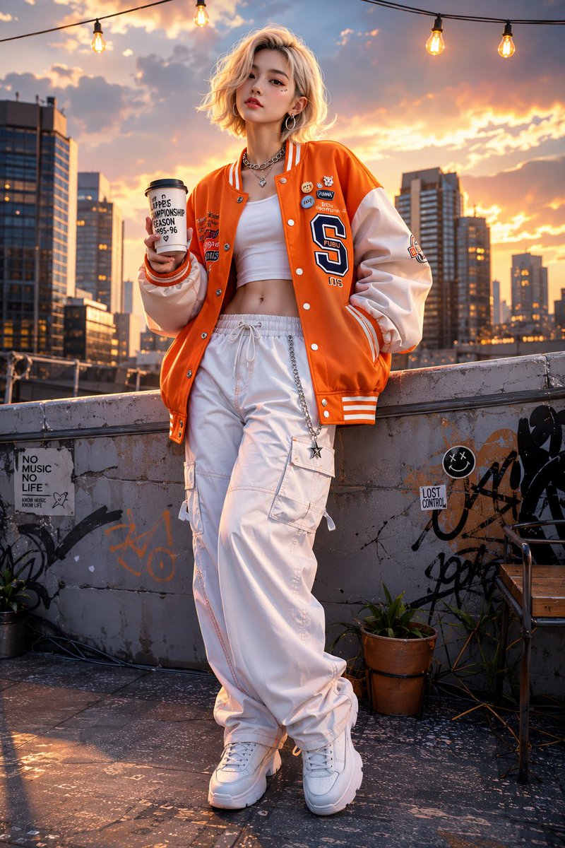 Korean woman in oversized varsity jacket poses on golden hour rooftop