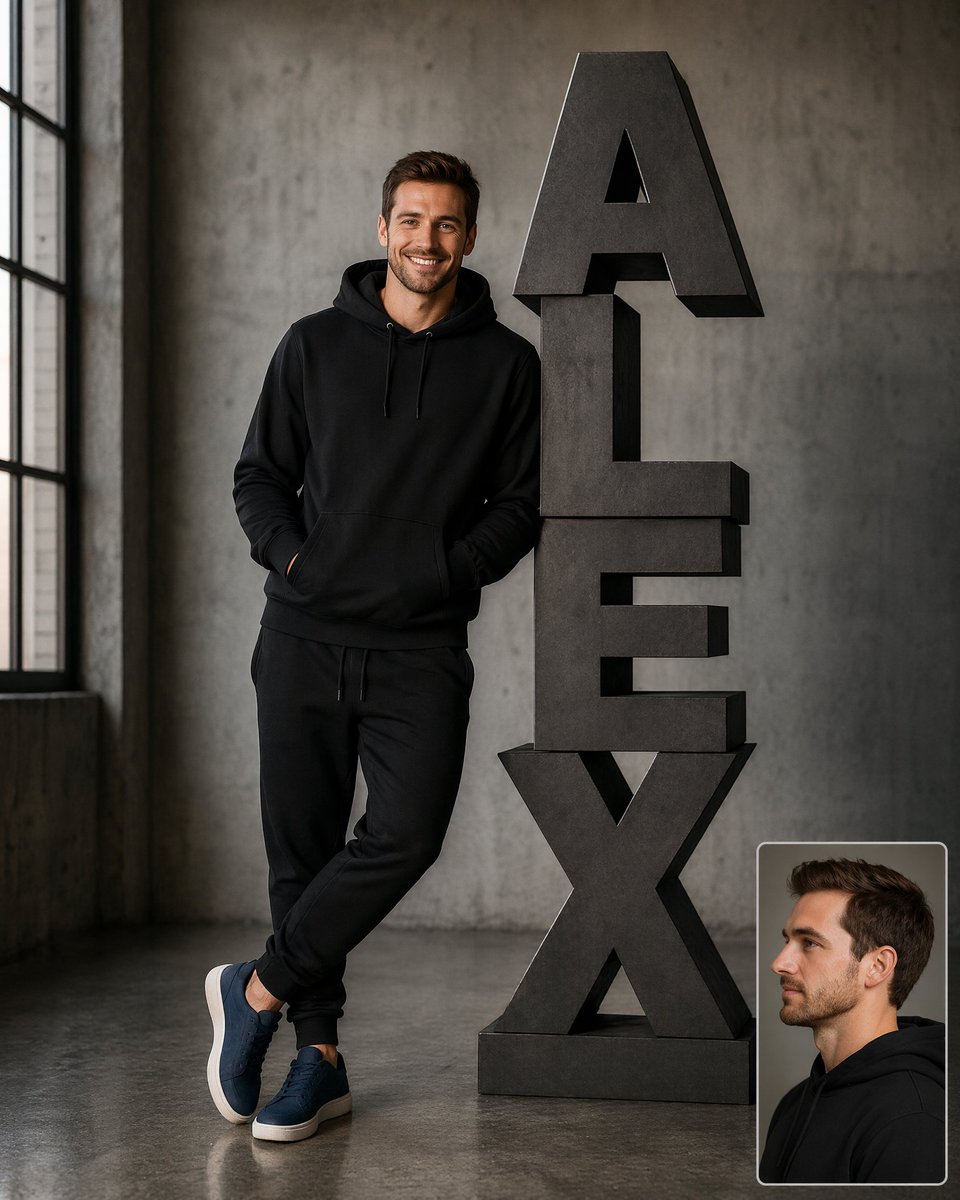 Stylish Full-Body Portrait Against Bold 3D Text Backdrop