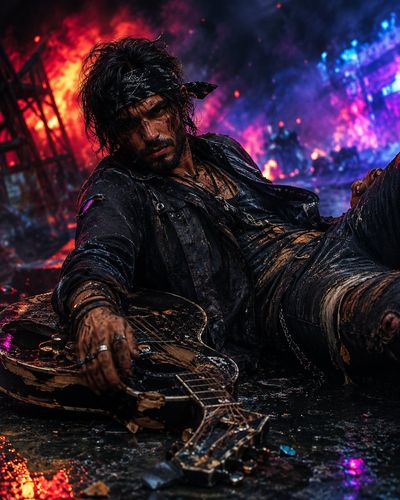 A rugged man with a broken guitar lies in neon-lit smoke