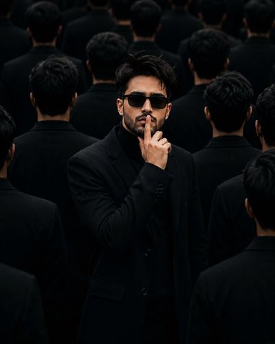 A lone figure in black sunglasses commands the dark crowd
