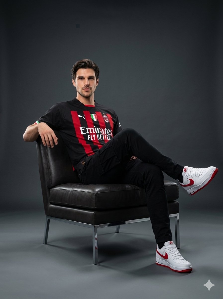 AC Milan star poses confidently on designer chair in studio