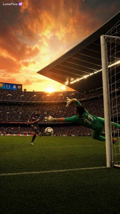 A striker leaps to score a dramatic winning goal at sunset