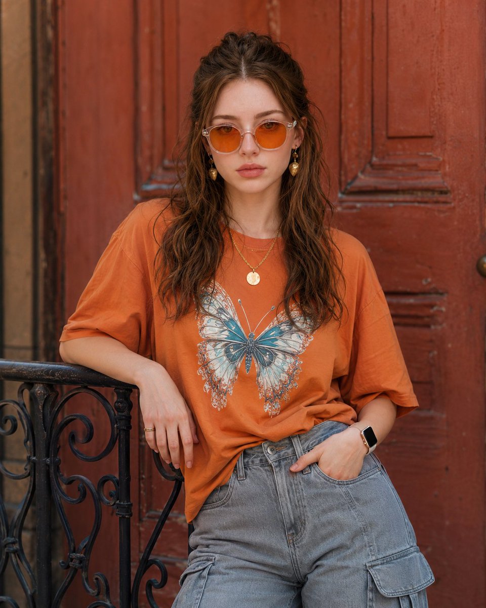 Woman in orange shirt leans against rustic wooden door