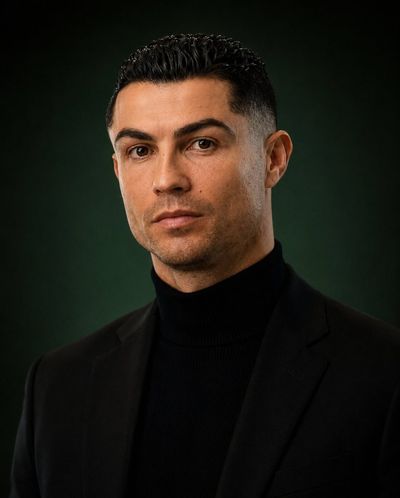 A man in black blazer stares calmly against dark green backdrop