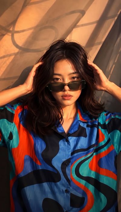 Woman in psychedelic shirt basks in warm golden hour light