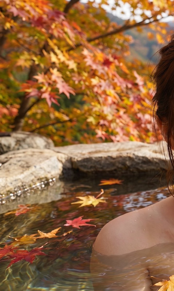 Serene Japanese Woman Soaks in Onsen Amidst Autumn Maple Leaves