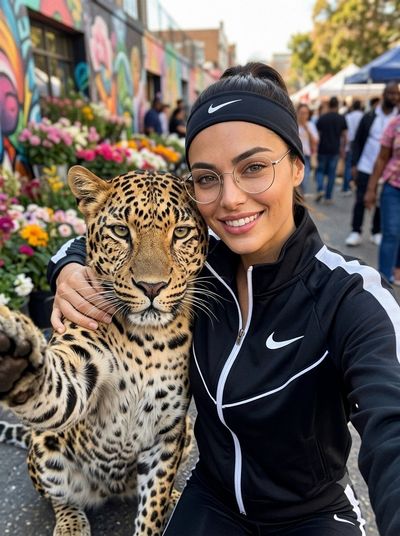 Woman takes a selfie with a regal leopard in a vibrant market