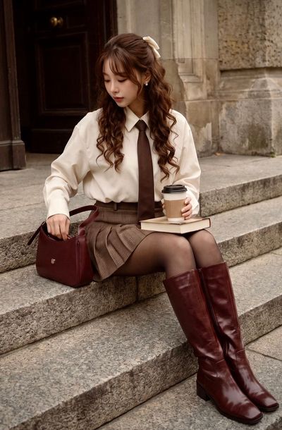 Young woman in burgundy boots searches her bag on autumn steps