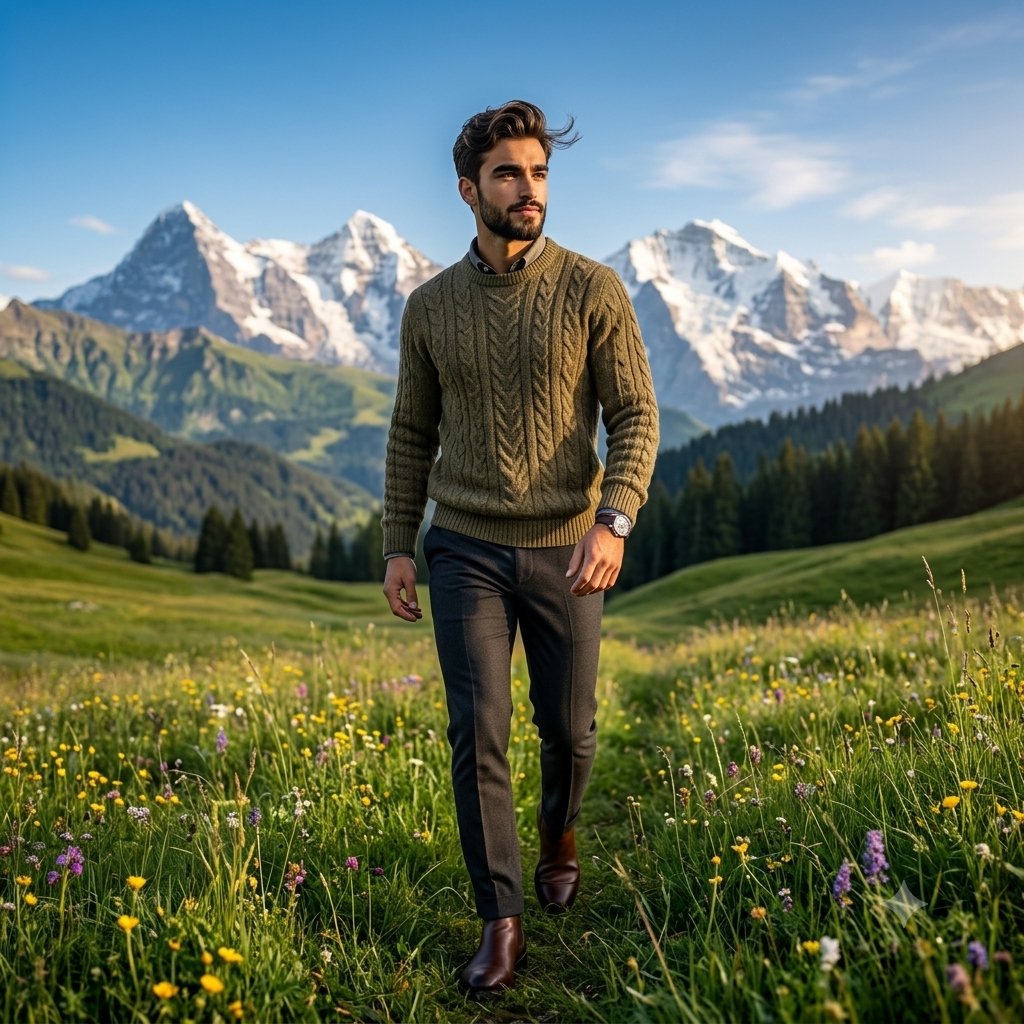 A confident man walks through a wildflower meadow at golden hour