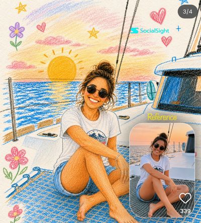 Hand-drawn crayon portrait matches original photo in whimsical style