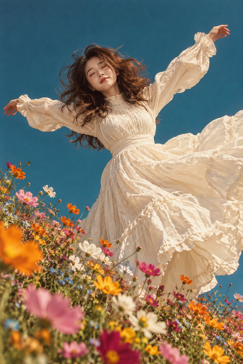 Joyful woman leaps through wildflowers under clear teal sky