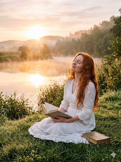 Red-haired woman reads by river at golden hour sunrise