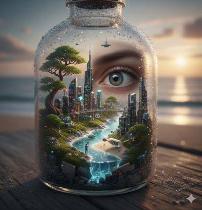 A Surreal Cyberpunk World Inside a Bottle
