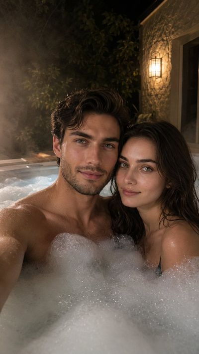 Happy couple enjoys a bubbly outdoor hot tub at night