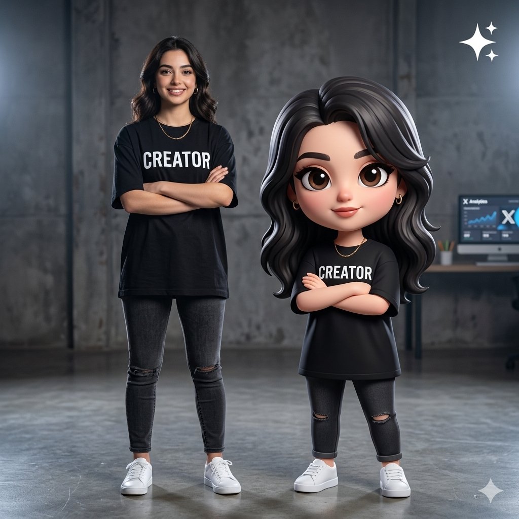 A real creator and her animated twin pose in a studio