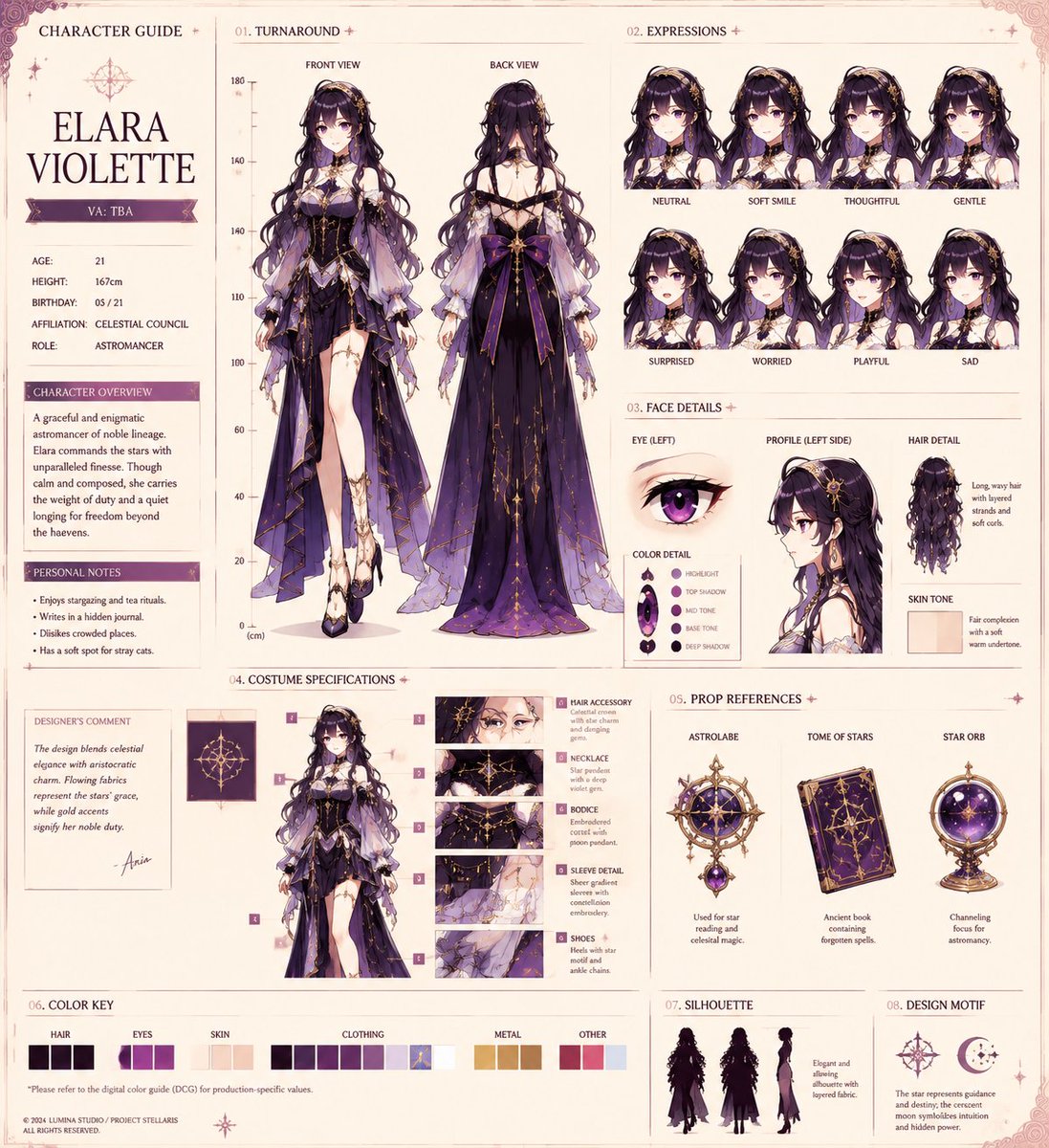 Elegant anime girl with rose gold outfit and detailed accessories