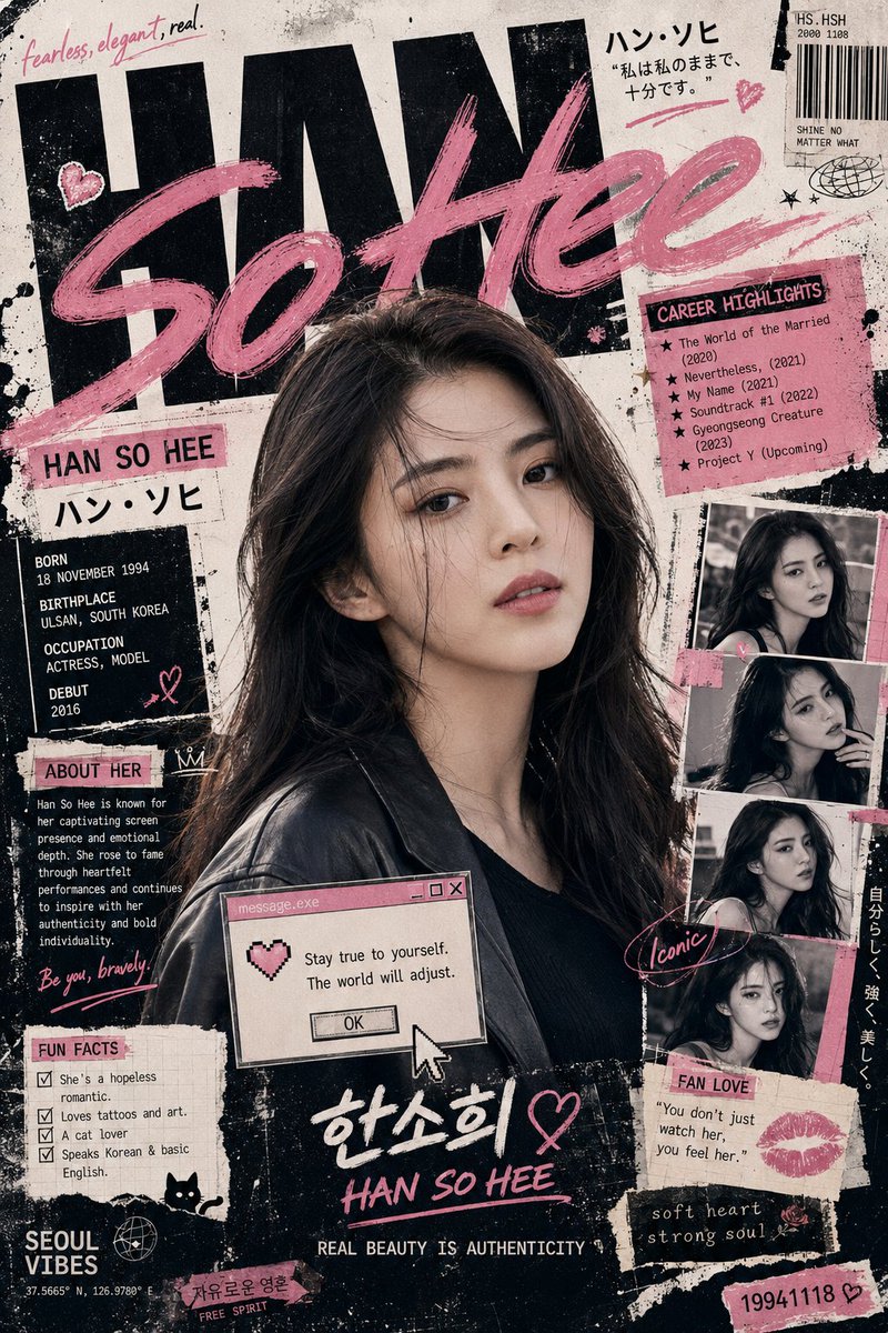 Sulyoon poses amid neon graffiti and vintage magazine layout.