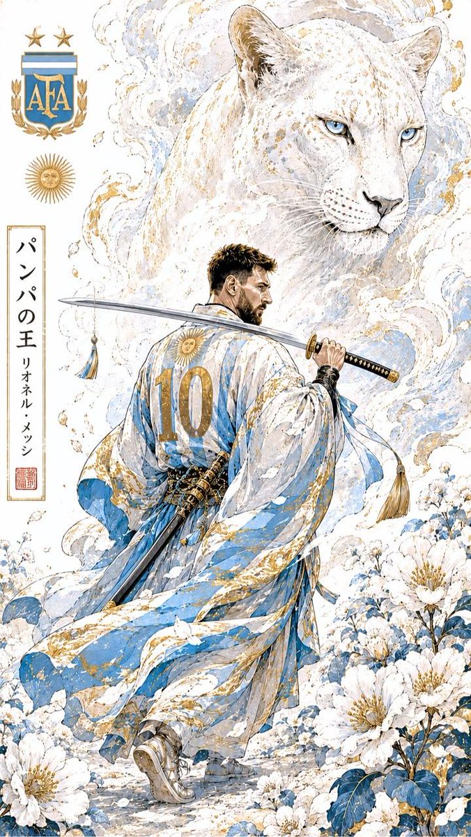 Lionel Messi wears flowing kimono and carries katana beneath white lioness