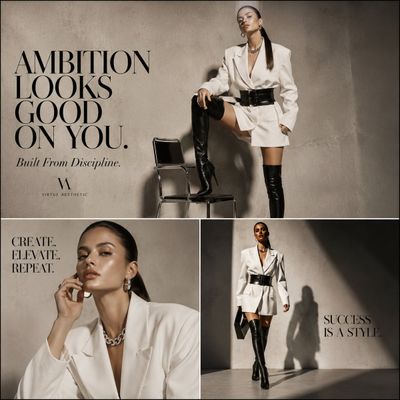 A confident woman poses in a white blazer on concrete backdrop.