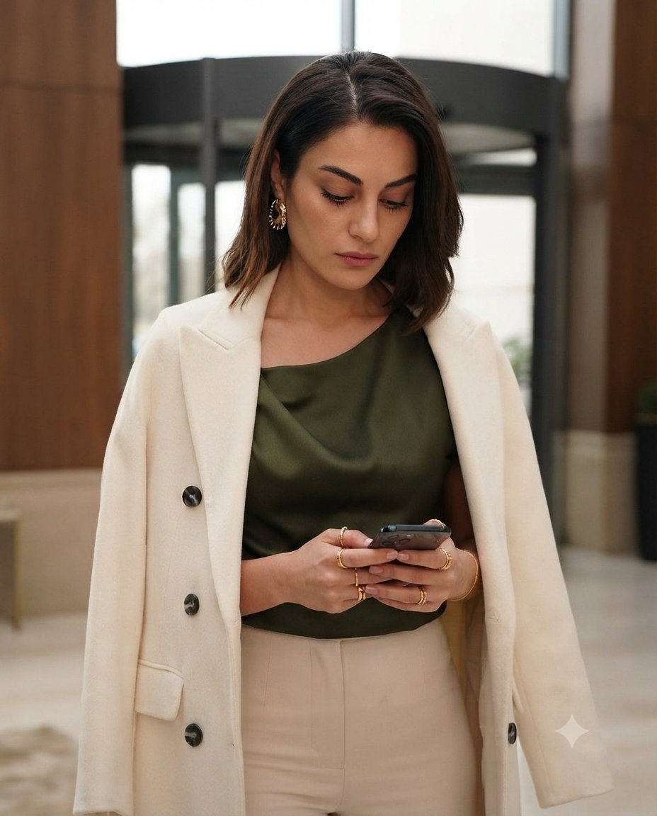 Elegant Woman in Cream Blazer Pauses in Hotel Lobby