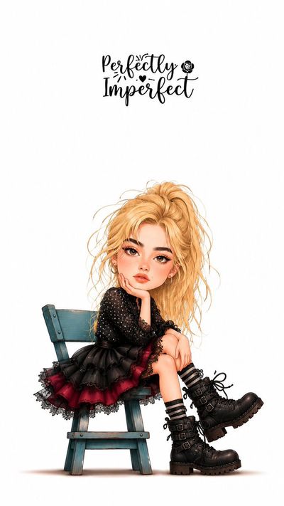 A gothic doll sits on a teal chair in a whimsical poster