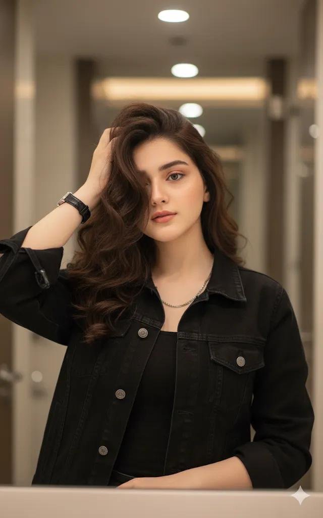Elegant Woman in Black Denim Jacket Poses in Modern Hallway