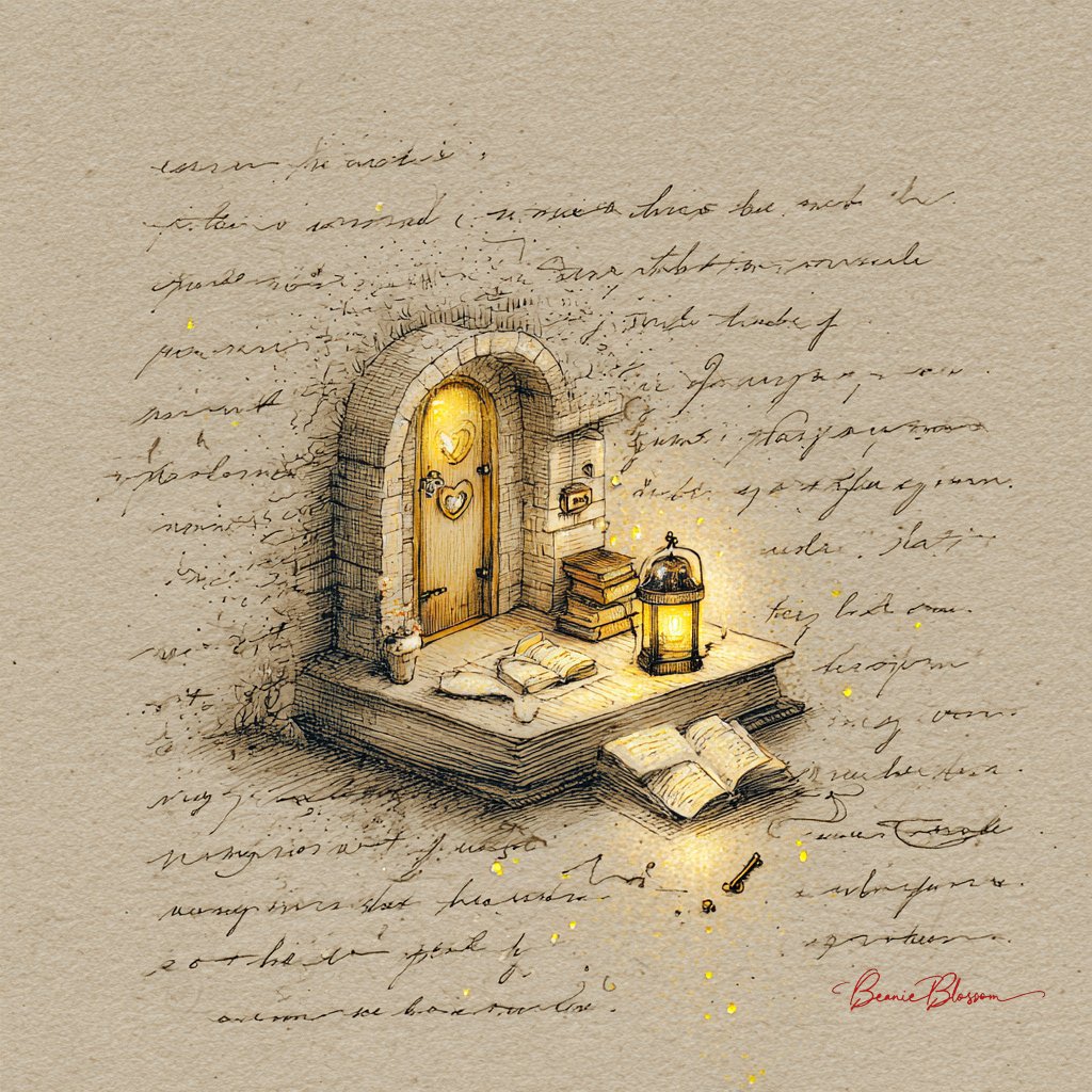 A Cozy, Surreal Reading Nook on Aged Manuscript Paper
