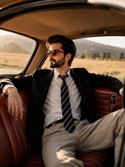 Stylish man in vintage car basks in golden hour light