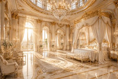A majestic princess bed glows under a crystal chandelier's warm light