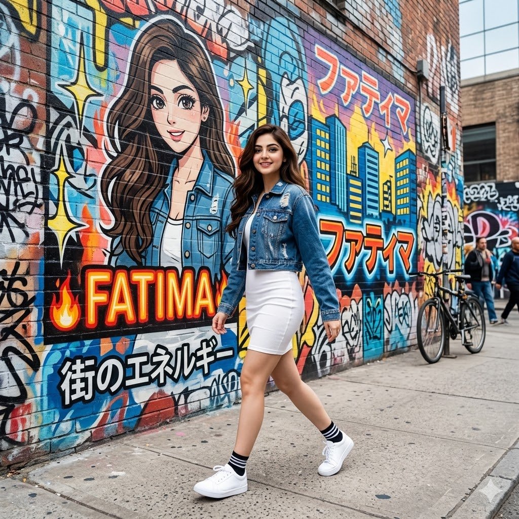 Young woman in denim jacket walks past vibrant graffiti mural