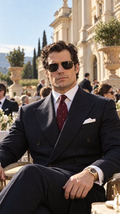 Man in Pinstripe Suit Poses at European Mansion Terrace Event