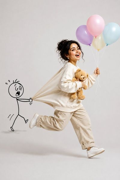Joyful woman with teddy bear and balloons runs from a doodle
